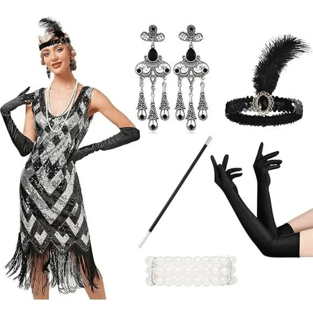 5PCS 1920s Accessories Flapper Great Gatsby Vintage Retro Costume Set NEW